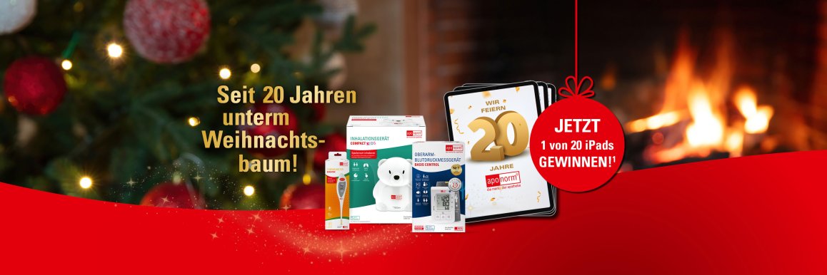 Weihnachtliche Hintergrundkulisse und im Vordergrund ein iPad, ein Inhalator, ein Blutdruckmessgerät und ein Fieberthermometer mit einem roten Banner darunter.