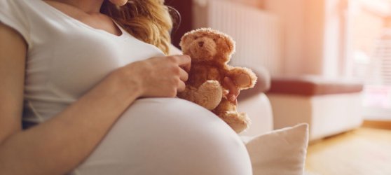 Eine schwangere Frau in einem weißen T-Shirt hält ein Kuscheltier in Form eines Bären in der Hand. Im Hintergrund ist der Abriss eines Wohnzimmers zu sehen.