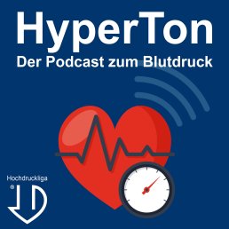 Podcast-Cover von Hyperton, dem Podcast zum Blutdruck, mit einem Herz und einer Uhr auf einem blauen Hintergrund.