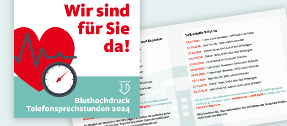 Eine Broschüre mit dem Titel 'Wir sind für Sie da: Blutdruck-Telefonsprechstunden 2024' mit Selbsthilfe-Telefonen. Die Broschüren sind grün weiß mit einem roten Herz, einer Uhr und einem Herzschlag.