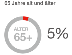 Ein Kreis, der grau ist, mit einem kleinen roten Feld in der Mitte, auf dem die Zahl 65+ steht, und außerhalb des Kreises 5%