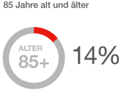 Ein Kreis, der grau ist, mit einem kleinen roten Feld in der Mitte, auf dem die Zahl 85+ steht, und außerhalb des Kreises 15%