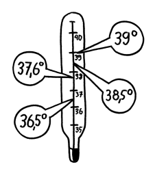 Zeichnung einer Thermometerskala mit unterschiedlichen Gradzeichen: 36,5, 38,5, 37,6 und 39 Grad.