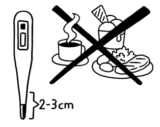 Zeichnung eines Fieberthermometers und eine Zeichnung von Essen, das durchgestrichen ist mit einem Kreuz.